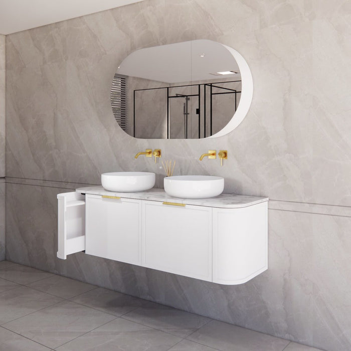 1500*450*450mm ABS Houston Matt White Plywood Curved Double Bowls Wall Hung Vanity with Front Pull-out Side Cabinets, No Side Clearance Needed