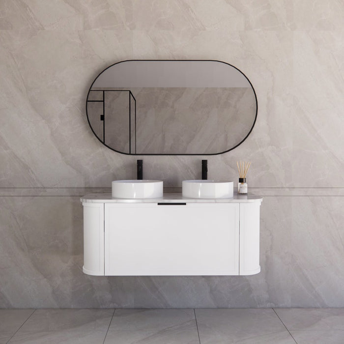 1200*450*450mm ABS Houston Matt White Plywood Curved Double Bowls Wall Hung Vanity with Front Pull-out Side Cabinets, No Side Clearance Needed
