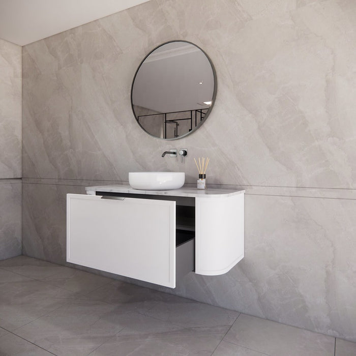 1200*450*450mm ABS Houston Matt White Plywood Curved Single Bowl Wall Hung Vanity with Front Pull-out Side Cabinets, No Side Clearance Needed