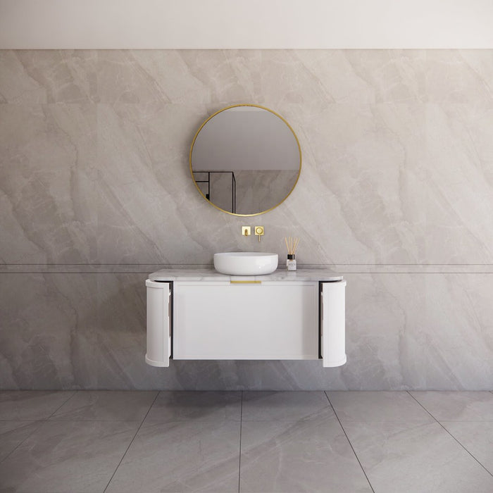 1200*450*450mm ABS Houston Matt White Plywood Curved Single Bowl Wall Hung Vanity with Front Pull-out Side Cabinets, No Side Clearance Needed