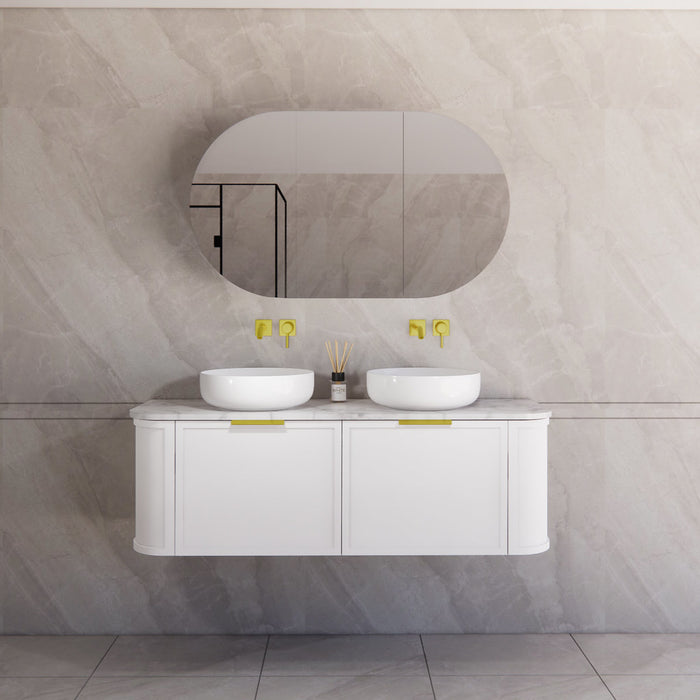 1500*450*450mm ABS Houston Matt White Plywood Curved Double Bowls Wall Hung Vanity with Front Pull-out Side Cabinets, No Side Clearance Needed