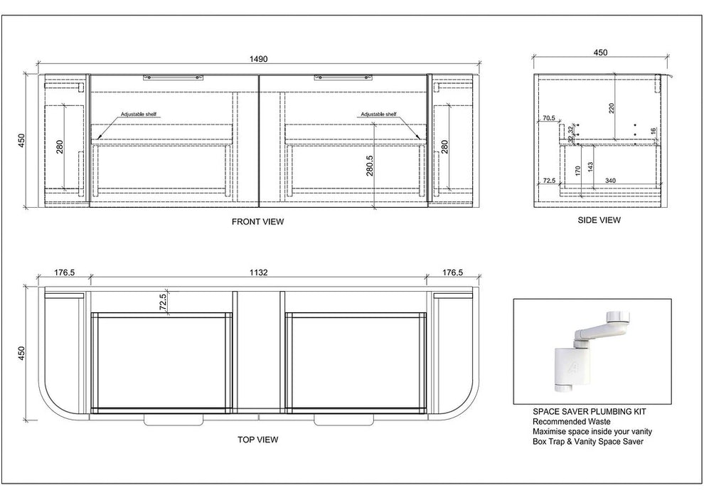 1500*450*450mm ABS Houston Matt White Plywood Curved Single Bowl Wall Hung Vanity with Front Pull-out Side Cabinets, No Side Clearance Needed