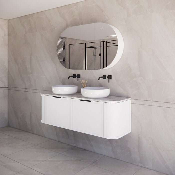 1500*450*450mm ABS Houston Matt White Plywood Curved Double Bowls Wall Hung Vanity with Front Pull-out Side Cabinets, No Side Clearance Needed