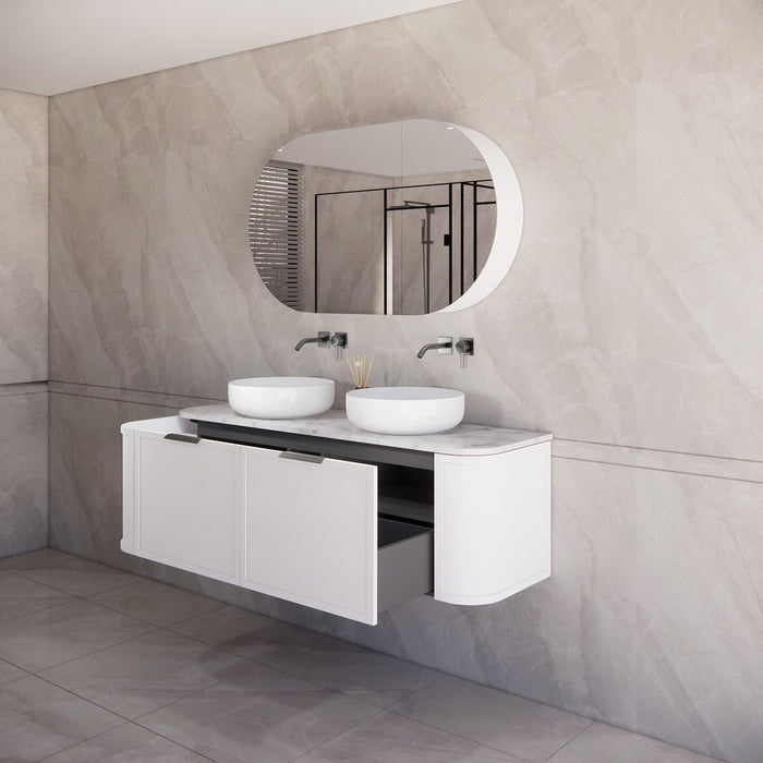 1500*450*450mm ABS Houston Matt White Plywood Curved Double Bowls Wall Hung Vanity with Front Pull-out Side Cabinets, No Side Clearance Needed