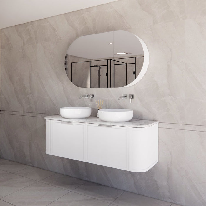 1500*450*450mm ABS Houston Matt White Plywood Curved Double Bowls Wall Hung Vanity with Front Pull-out Side Cabinets, No Side Clearance Needed