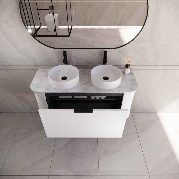 1200*450*450mm ABS Houston Matt White Plywood Curved Double Bowls Wall Hung Vanity with Front Pull-out Side Cabinets, No Side Clearance Needed