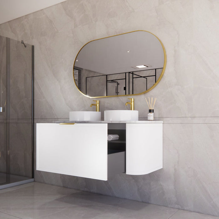 1200*450*450mm ABS Houston Matt White Plywood Curved Double Bowls Wall Hung Vanity with Front Pull-out Side Cabinets, No Side Clearance Needed