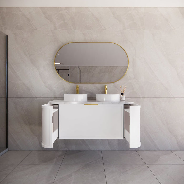 1200*450*450mm ABS Houston Matt White Plywood Curved Double Bowls Wall Hung Vanity with Front Pull-out Side Cabinets, No Side Clearance Needed