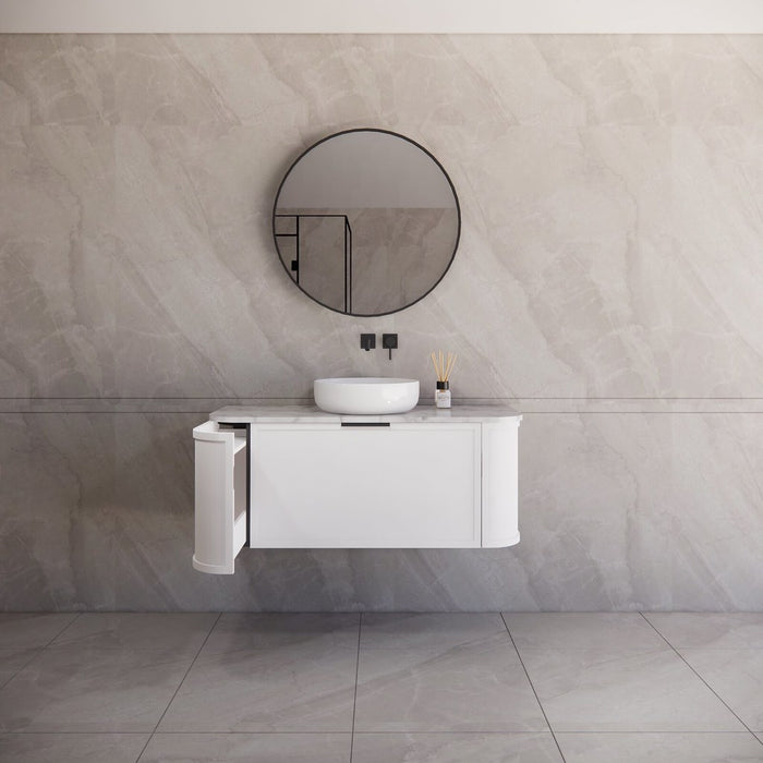 1200*450*450mm ABS Houston Matt White Plywood Curved Single Bowl Wall Hung Vanity with Front Pull-out Side Cabinets, No Side Clearance Needed