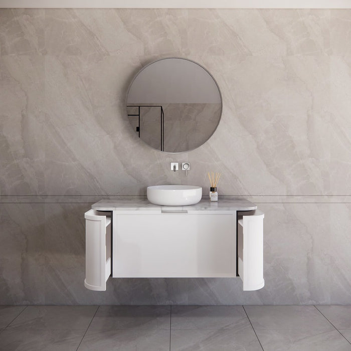 1200*450*450mm ABS Houston Matt White Plywood Curved Single Bowl Wall Hung Vanity with Front Pull-out Side Cabinets, No Side Clearance Needed