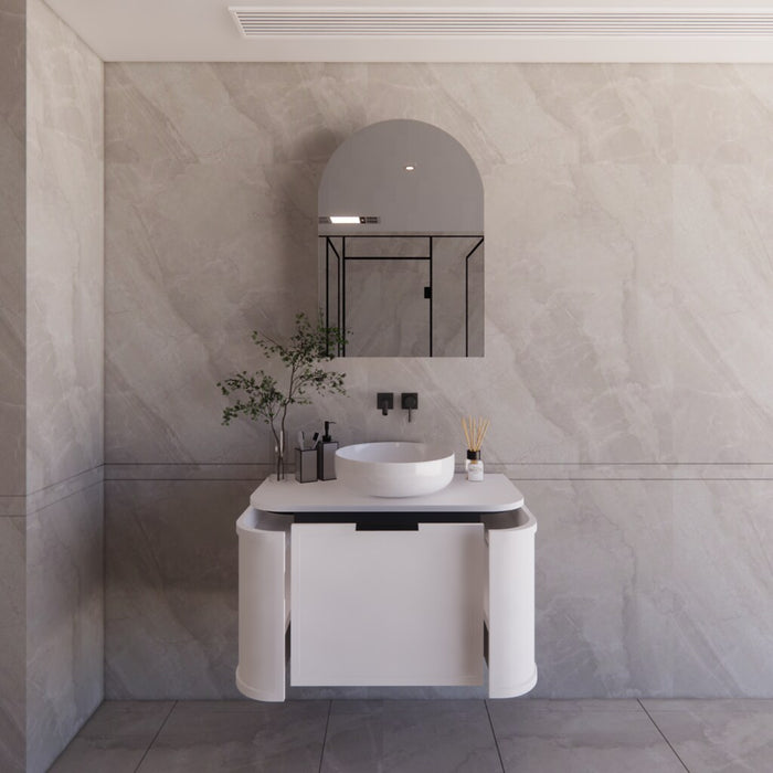 900*450*450mm ABS Houston Matt White Plywood Curved Wall Hung Vanity with Front Pull-out Side Cabinets, No Side Clearance Needed