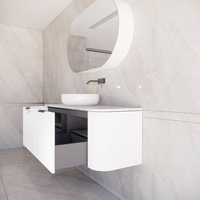 1500*450*450mm ABS Houston Matt White Plywood Curved Single Bowl Wall Hung Vanity with Front Pull-out Side Cabinets, No Side Clearance Needed