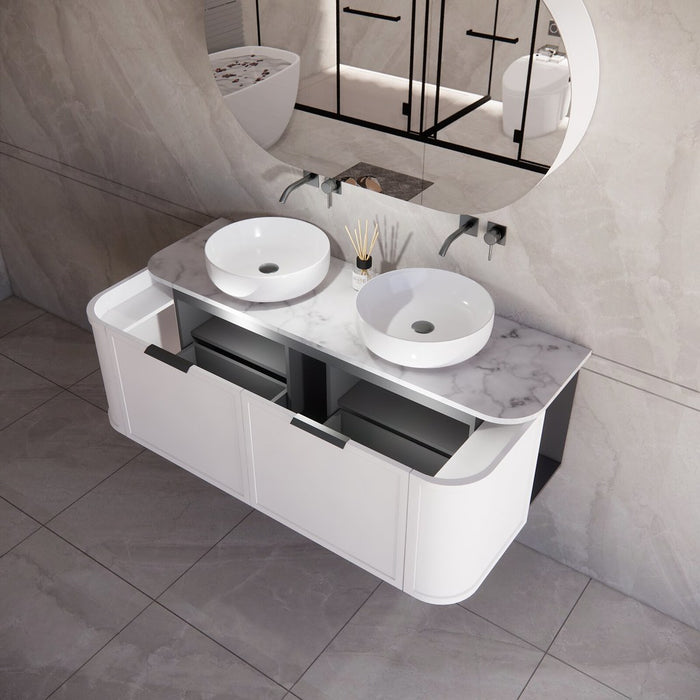 1500*450*450mm ABS Houston Matt White Plywood Curved Double Bowls Wall Hung Vanity with Front Pull-out Side Cabinets, No Side Clearance Needed