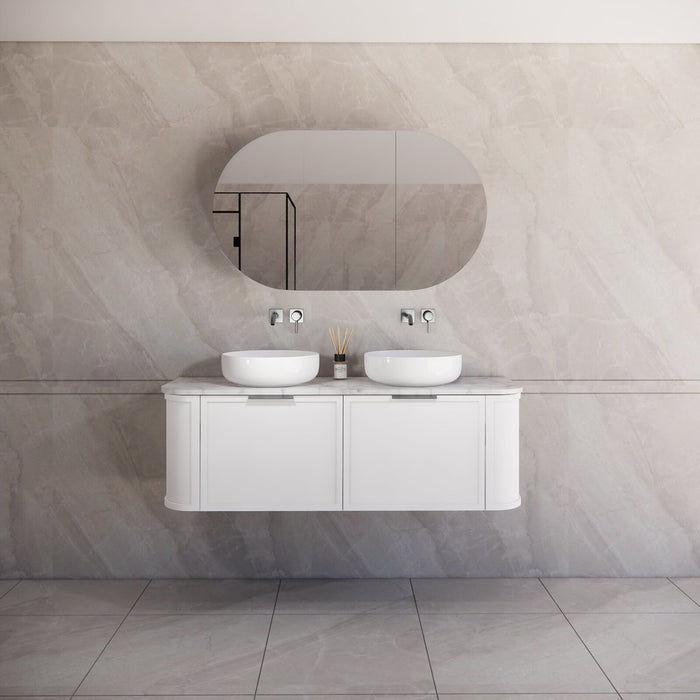 1500*450*450mm ABS Houston Matt White Plywood Curved Double Bowls Wall Hung Vanity with Front Pull-out Side Cabinets, No Side Clearance Needed