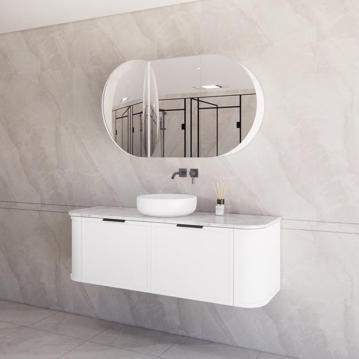 1500*450*450mm ABS Houston Matt White Plywood Curved Single Bowl Wall Hung Vanity with Front Pull-out Side Cabinets, No Side Clearance Needed