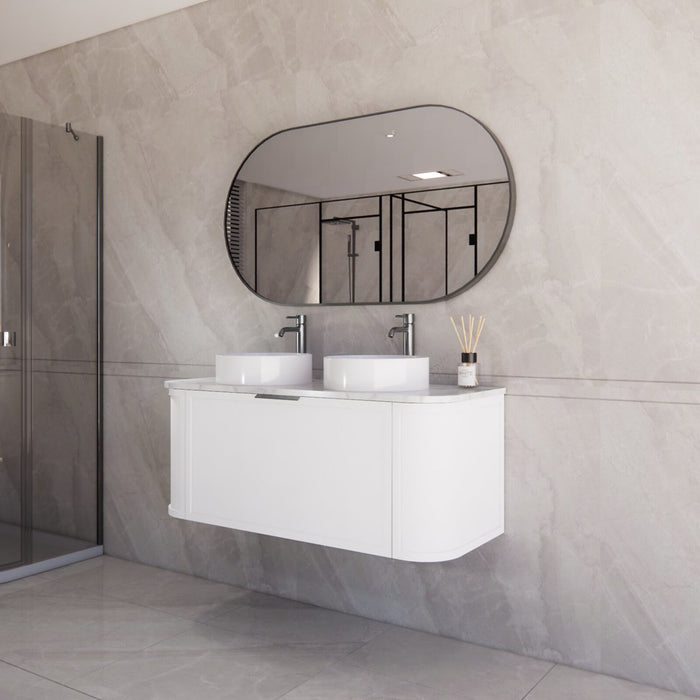 1200*450*450mm ABS Houston Matt White Plywood Curved Double Bowls Wall Hung Vanity with Front Pull-out Side Cabinets, No Side Clearance Needed