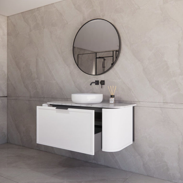 1200*450*450mm ABS Houston Matt White Plywood Curved Single Bowl Wall Hung Vanity with Front Pull-out Side Cabinets, No Side Clearance Needed