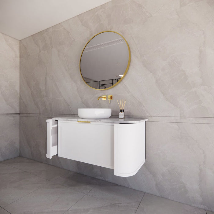 1200*450*450mm ABS Houston Matt White Plywood Curved Single Bowl Wall Hung Vanity with Front Pull-out Side Cabinets, No Side Clearance Needed