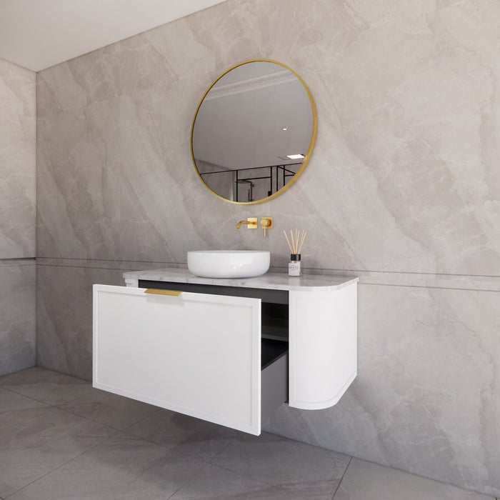 1200*450*450mm ABS Houston Matt White Plywood Curved Single Bowl Wall Hung Vanity with Front Pull-out Side Cabinets, No Side Clearance Needed