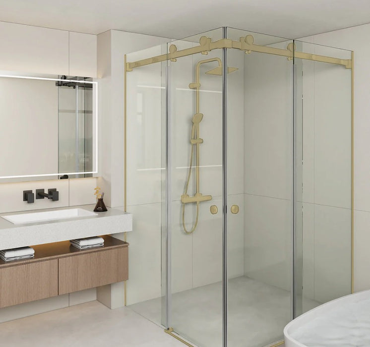 870-1300x2000mm Double Sliding Frameless Brushed Gold Stainless Steel Square Handle 10mm Glass Shower Screen