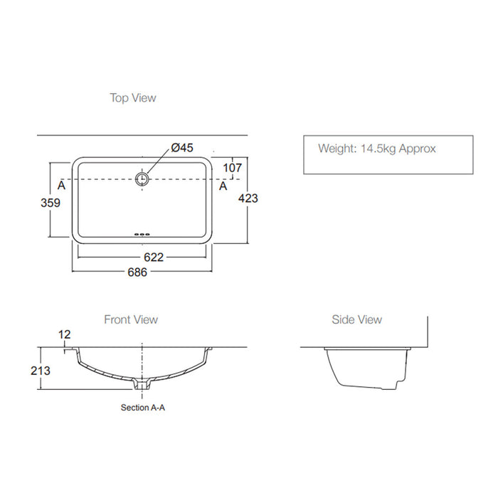 686*423*213mm Kohler Ladena Gloss White Ceramic Rectangle With Overflow Under-Mount Basins