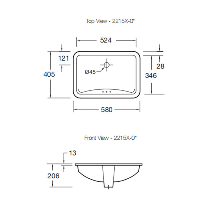 580*346*206mm Kohler Ladena Gloss White Ceramic Rectangle With Overflow Under-Mount Basins