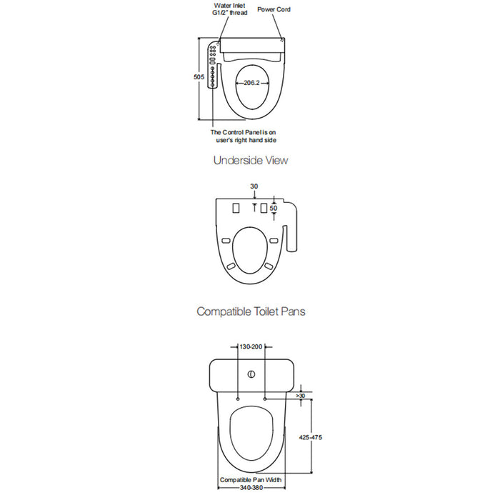 560*370*400mm Kohler Grande Ceramic Gloss White Rimless With Electronic Side Panel Bidet Seat Smart Toilet