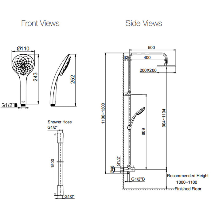 1100-1300mm Kohler Rain Duet Dual Renew Column Chrome/Brushed Nickel/Brushed Bronze/Brushed Brass/Matt Black Square Shower Heads