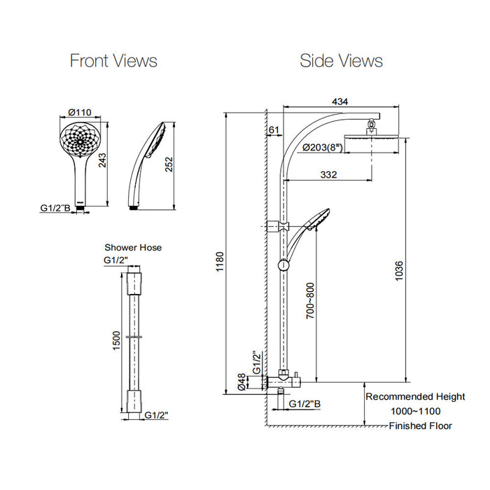 1180mm Kohler Rain Duet Dual Renew Coloumn Chrome Round Shower Heads