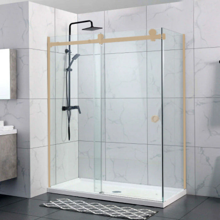 870-1180x2000mm Sliding L Shape Frameless Brushed Bronze 10mm Glass Embedded Circle Handle Shower Screens