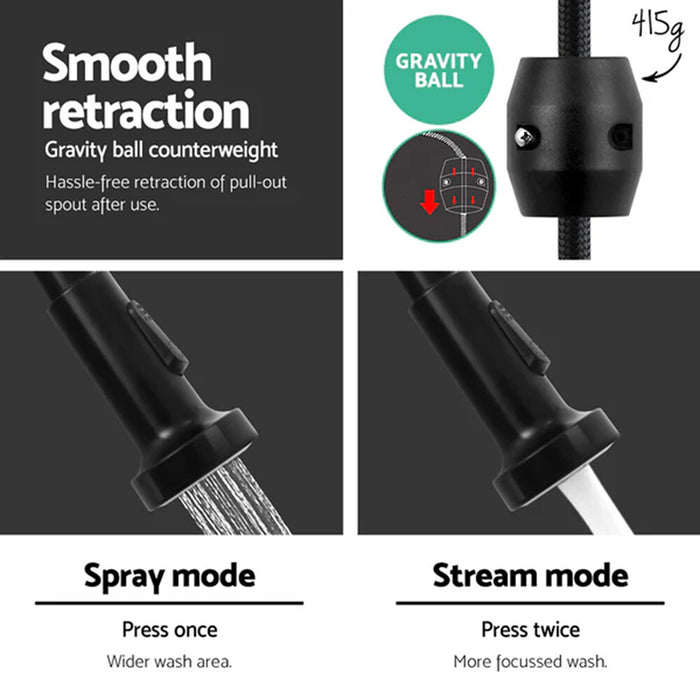 Hunter Chrome/Black Solid Brass Gooseneck Pull Down Kitchen Mixer Tapware