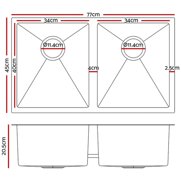 770*450*205mm Hunter Silver Stainless Steel Square Basin Double Bowls Laundry Kitchen Sinks