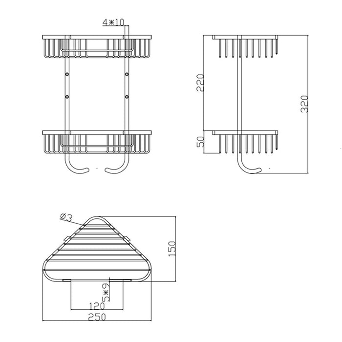 250*150*355mm Roma Chrome Triangle Double Corner Basket