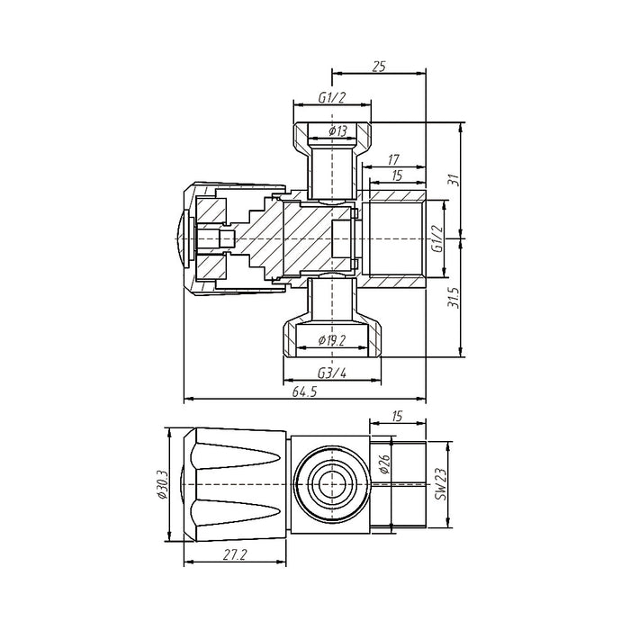 Amoza Mini Brushed Stainless Steel 304 Stainless Steel DN15 15x15x20mm 1/4 Turn C/D Three Way Stop Tapware