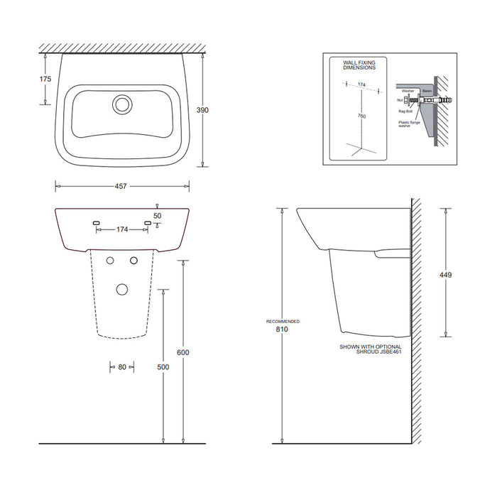 457*390mm Johnson Suisse Emilia MKII White Vitreous china Square with Shroud Basin