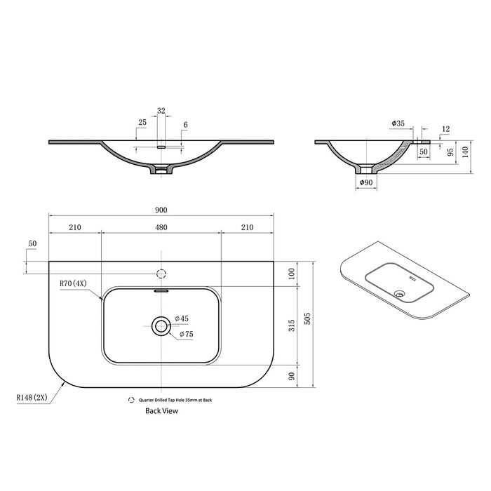 900-1800*500*12mm Lukka Aruro Matt White/Matt Black Solid Surface Stone Basin Vanity Top With Overflow