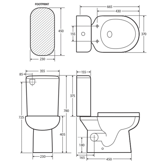 665*355*780mm Fienza Petra Gloss White Rimless Close-Coupled Toilet