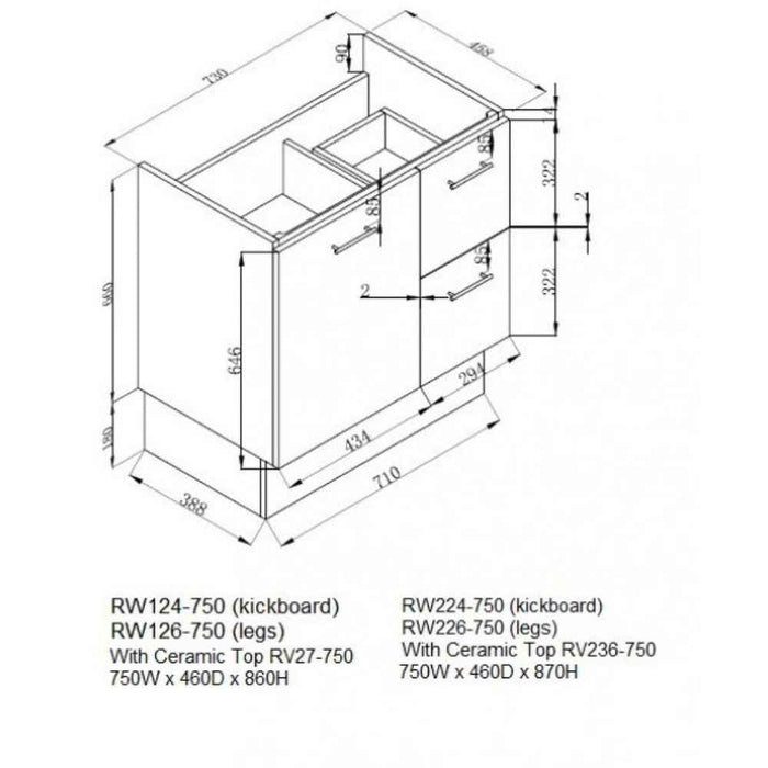 600-1500*460*850mm Roma Slim China Top with T Bar Handle Standard Freestanding Vanity With Legs