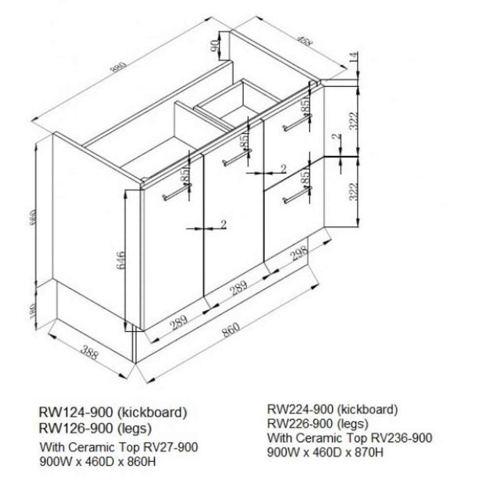 600-1500*460*850mm Roma Slim China Top with T Bar Handle Standard Freestanding Vanity With Kickboard