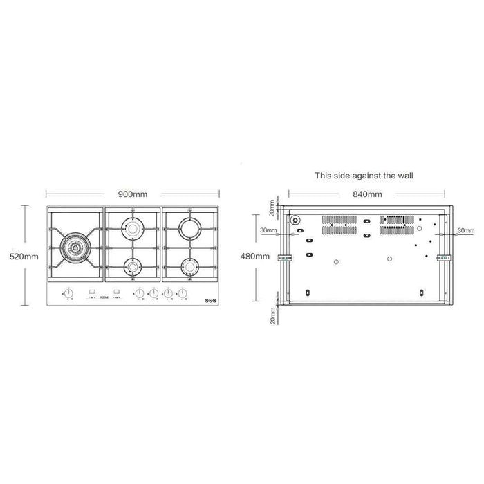 900mm Fotile Matt Black 5 Burner 23MJ/h Intelligent Timing Tempered Glass Gas Cooktop