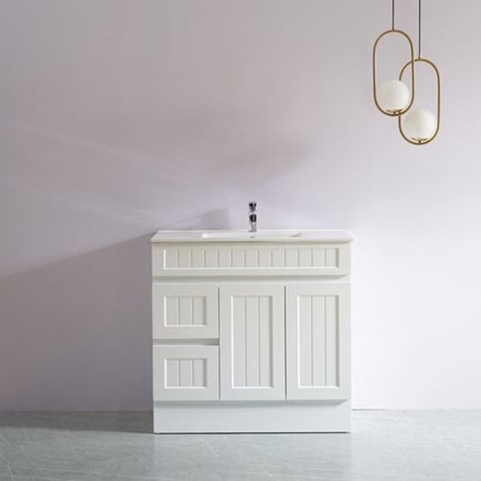 600-900*370*880mm Poseidon CETO Acacia Matt White Waterproof PVC Slim Fluted Freestanding Vanity