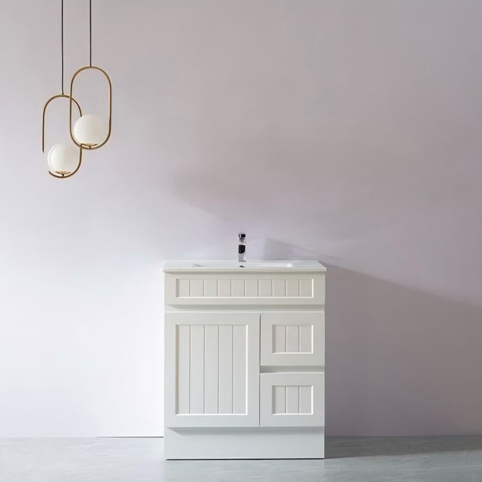 600-900*370*880mm Poseidon CETO Acacia Matt White Waterproof PVC Slim Fluted Freestanding Vanity