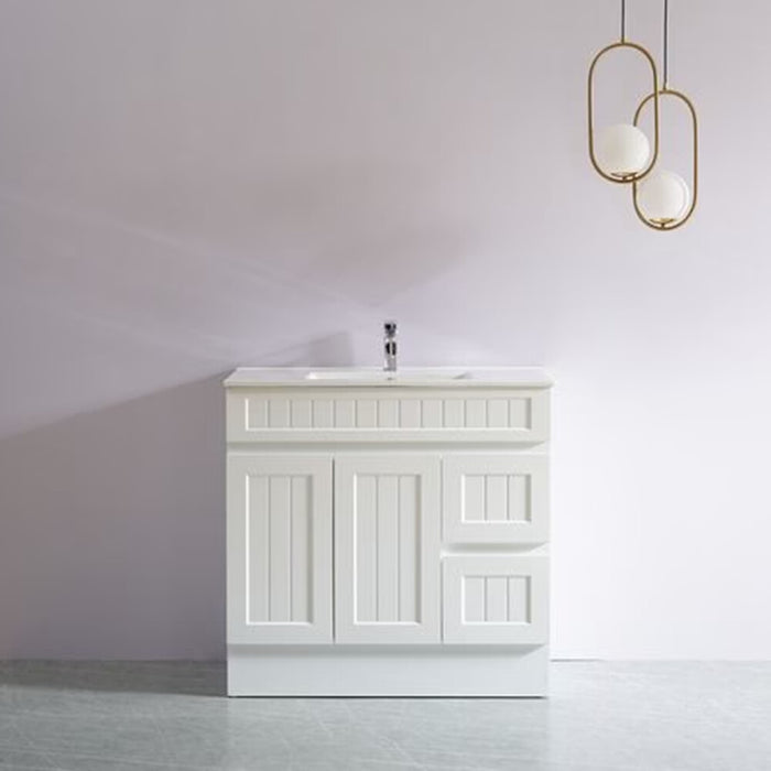 600-900*370*880mm Poseidon CETO Acacia Matt White Waterproof PVC Slim Fluted Freestanding Vanity