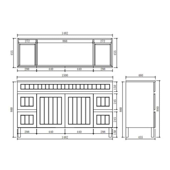 750-1500*460*880mm Lukka Archill Federation Matt Black/White PVC Fluted Freestanding Vanity