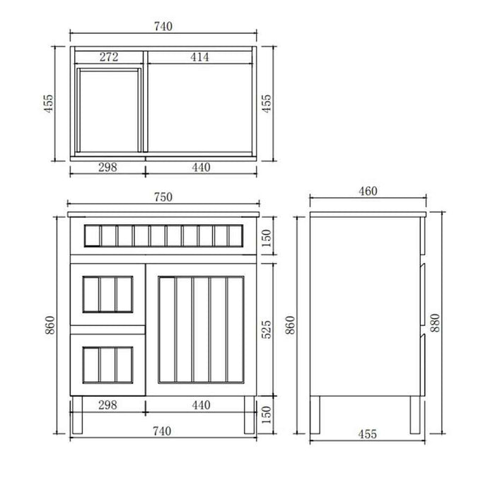 750-1500*460*880mm Lukka Archill Federation Matt Black/White PVC Fluted Freestanding Vanity