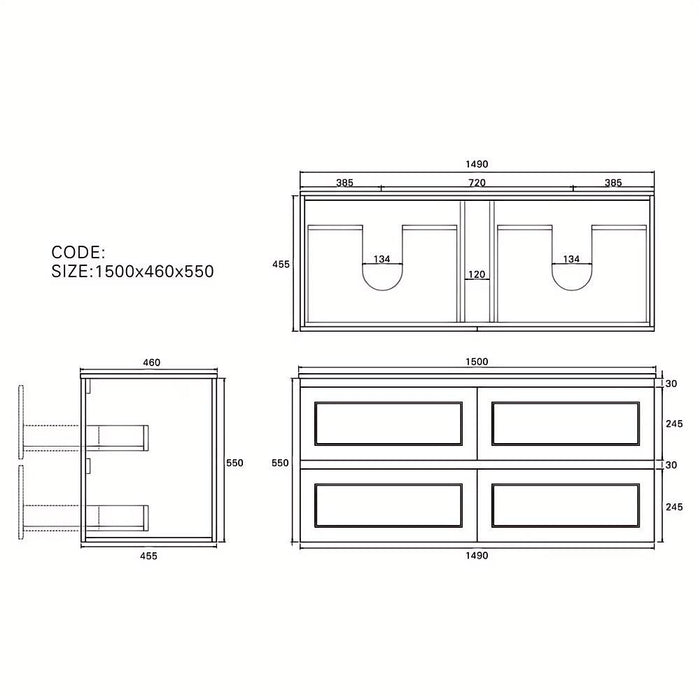 600-1500*460*500mm Lukka Hamilton Federation Matt Black PVC Wall Hung Vanity