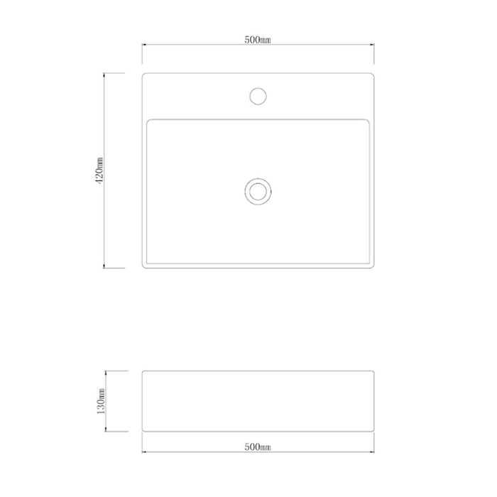 500*420*130mm Infinity Gloss White Ceramic Rectangle Above Counter Basin with 1 Tap Hole