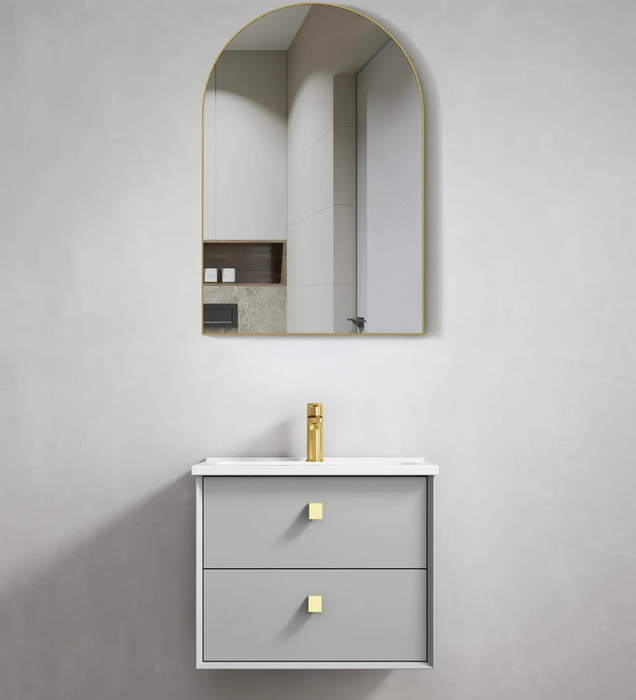 600mm Boston Light Grey Wall Hung Vanity and Archie Metal Frame Mirror Gold