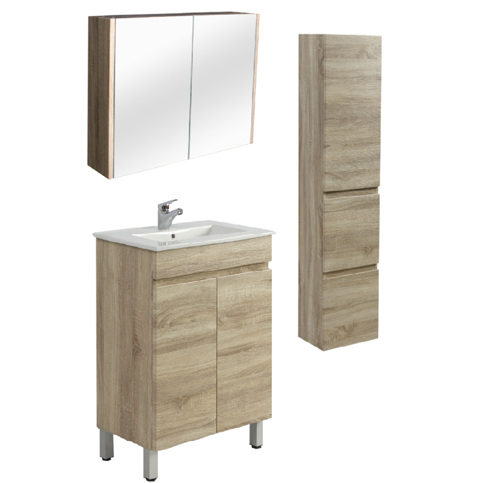 600mm Berge White Oak Floor MDF Vanity and Shaving Cabinet and Tall Boy