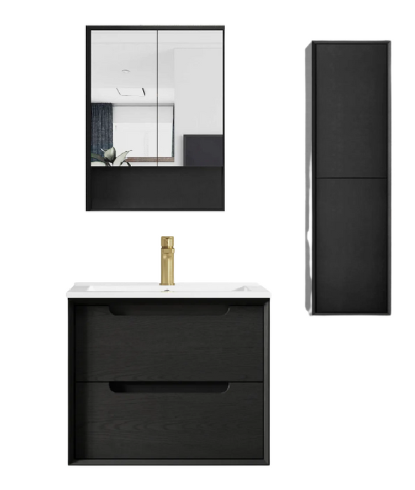 750mm Byron Black Oak Wall Hung Vanity and Tall Boy and Shaving Cabinet